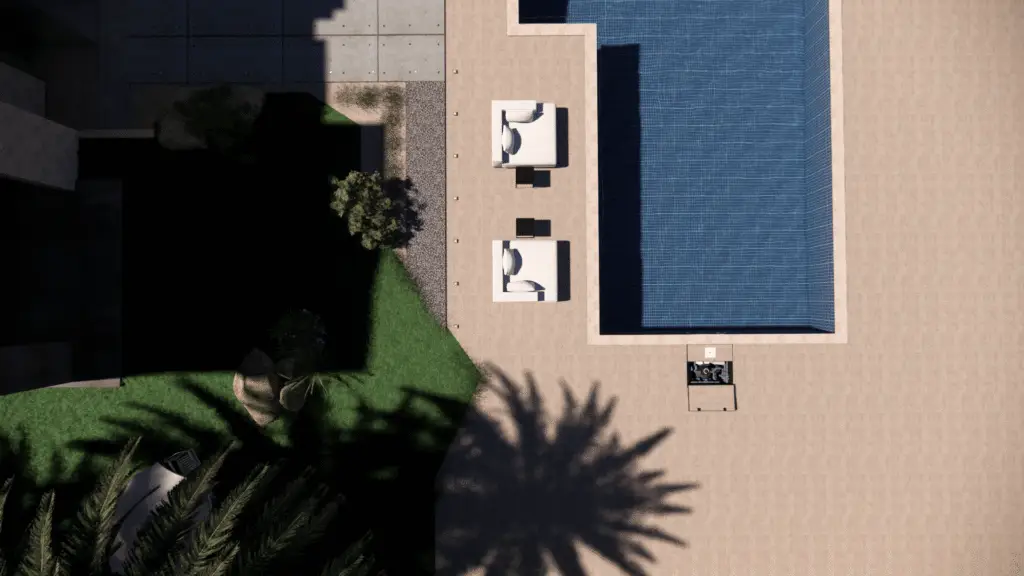 Vue aérienne terrasse piscine moderne avec transats, verdure et ombre de palmier – Design Pool Maroc