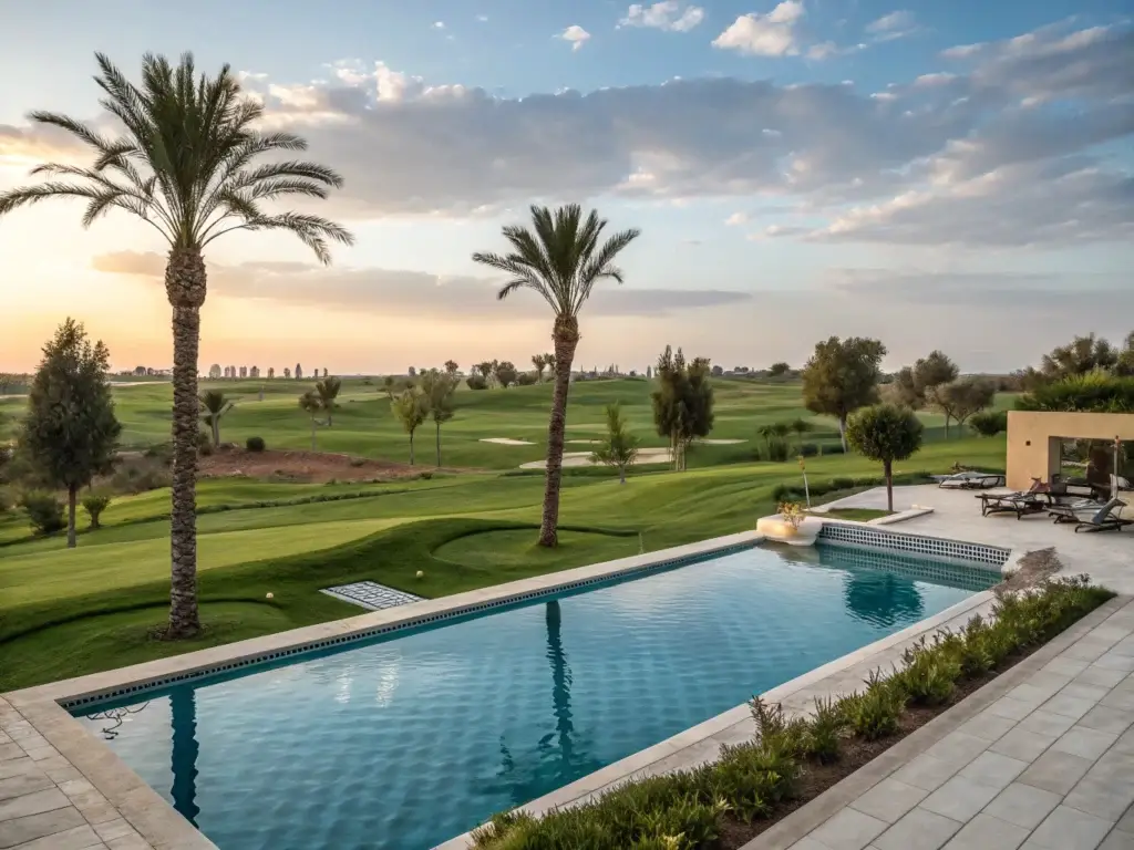 Piscine extérieure de luxe avec vue sur golf et palmiers au coucher du soleil – Design Pool Maroc