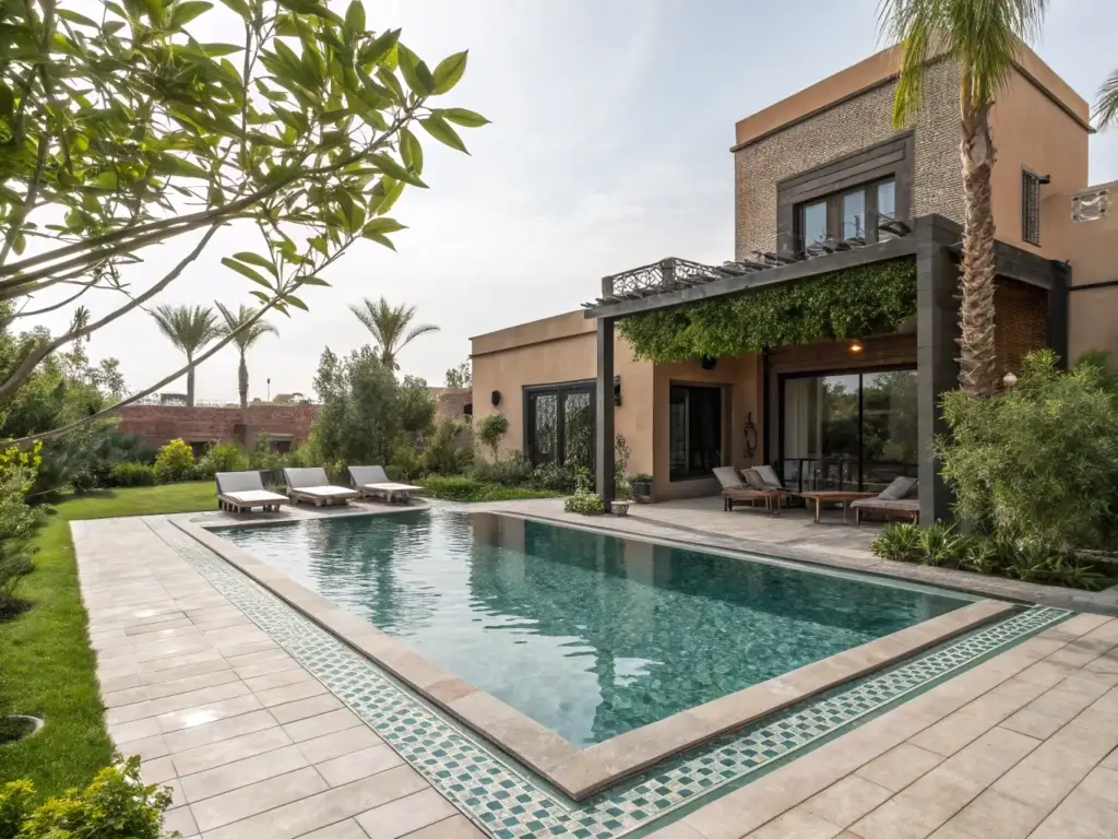 Piscine moderne avec villa contemporaine, terrasse et jardin luxuriant – Design Pool Casablanca Marrakech Rabat Agadir Fès Tanger Essaouira.