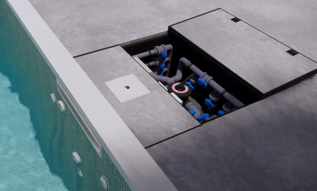 Système de filtration compact intégré au mur de piscine, solution discrète pour Marrakech, Casablanca, Rabat, Agadir, Fès, Essaouira