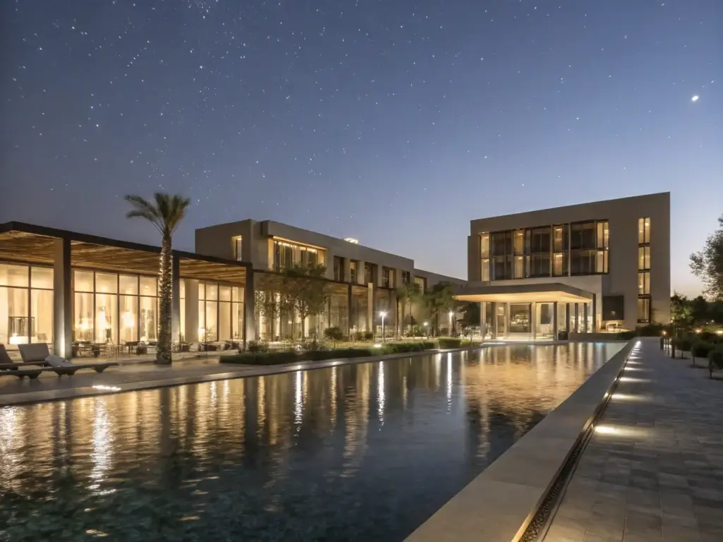 Piscine résidentielle de luxe éclairée la nuit devant villa moderne – Design Pool Maroc Marrakech